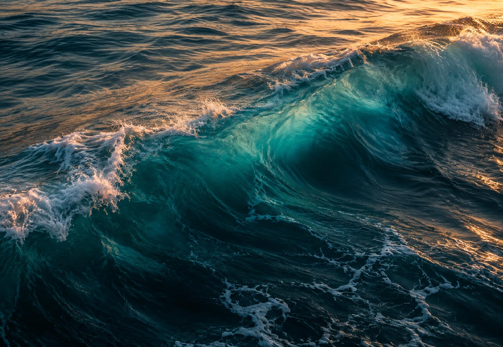 A deep turquoise ocean wave catching the last amber light